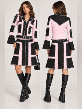 Y2K Hollywood The Jean People Pink Black Patchwork Jacket Skirt Set